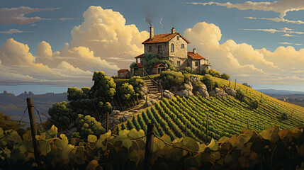 A painting of a vineyard with a house on top.