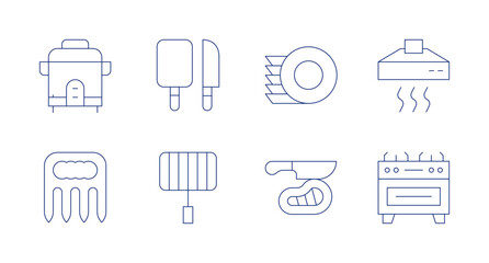 Kitchen icons. Editable stroke. Containing ricecooker, board, meatclaw, grill, meat, extractor, stove, dishes.