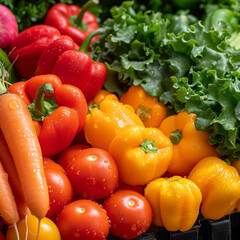 Fresh and colorful vegetable assortment, neatly arranged, vibrant colors of bell peppers, carrots, tomatoes, and leafy greens, with droplets of water