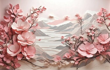 d floral mural painting with a light simple background. branches of flowers, herbs, birds, and mountains. modern art. romantic, seamless, vintage, abstract, pink monotone