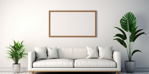 Blank horizontal poster frame mock up in minimal Scandinavian white style living room interior