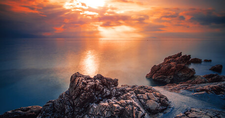 summer coast in Croatia, wonderful sunset view, Rabac resort, Croatia, Europe