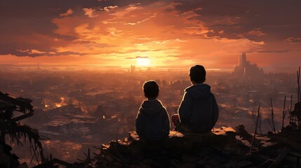 two boys sitting on a cliff looking at a city during sunset