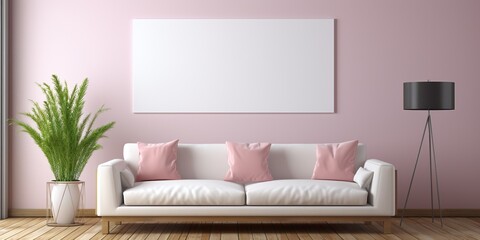 Fototapeta na wymiar Blank horizontal poster frame mock up in minimal Scandinavian white style living room interior