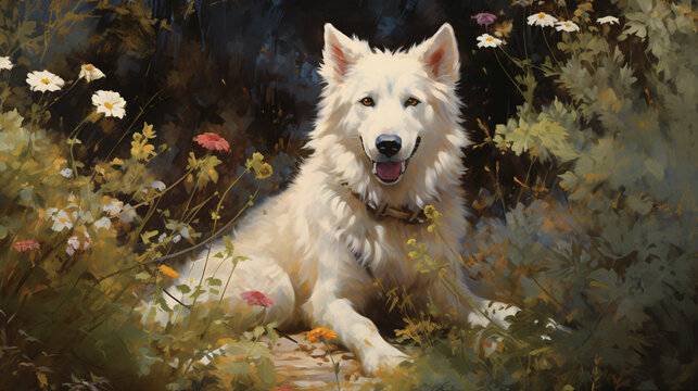 A painting of a white dog sitting in a forest.
