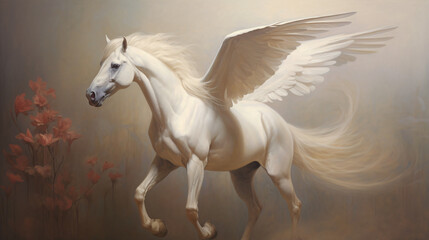 Obraz na płótnie Canvas A painting of a white horse with wings 