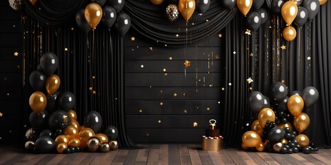 black with golden curtain birthday stage with baloons frames