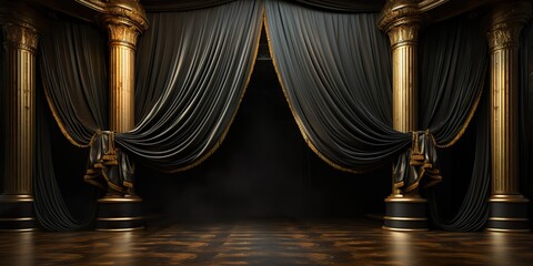 black with golden bright curtain stage with frames - obrazy, fototapety, plakaty