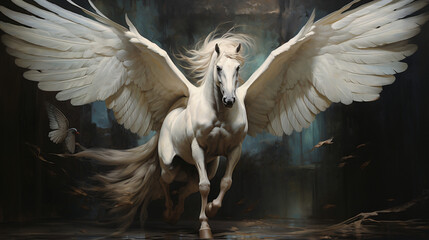 A painting of a white horse with wings 