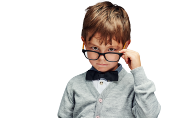 Portrait, children and nerd boy in glasses isolated on transparent background for intelligence. Face, smart and eyewear with confident young kid geek on PNG for school, education or development