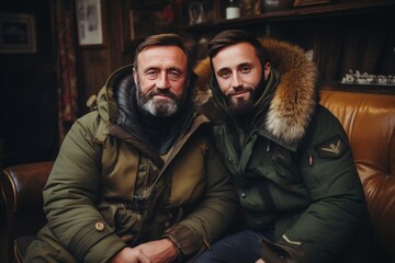 Fototapeta premium joyful lgbtq+ partners hugging and smiling in cozy living room, embracing love and happiness