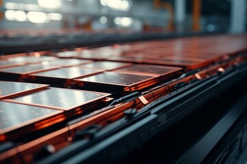 Ev battery cell assembly line. close-up view of mass production for sustainable electric vehicles - obrazy, fototapety, plakaty