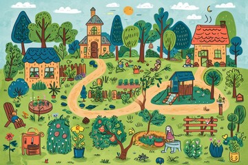 Cartoon cute doodles of a playful backyard, with characters gardening, playing, and enjoying outdoor activities, Generative AI