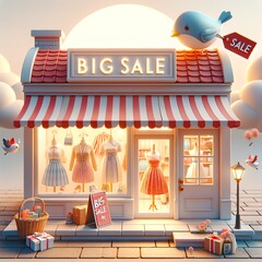 3D Clothing Store with Big Sale Sign