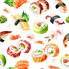 Japanese Sushi, Hand drawn watercolor  seamless pattern,  isolated on white background