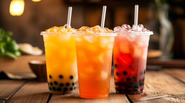 Group of boba drinks background