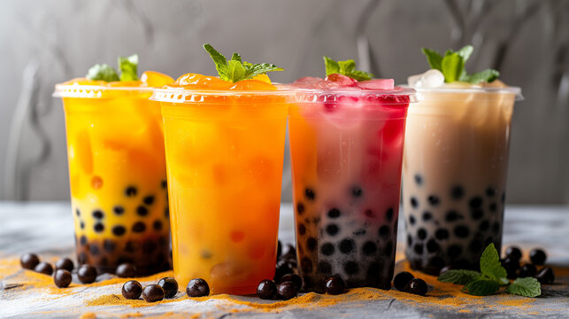 Group of boba drinks background