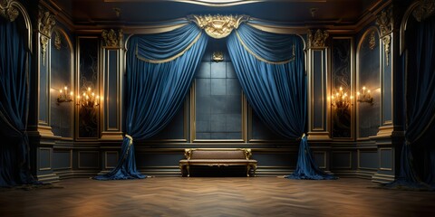 blue with golden curtain stage with frames - obrazy, fototapety, plakaty