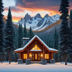 A cozy cabin in the woods surrounded by towering trees, with a crackling fire burning in the stone fireplace and snow-capped mountains visible in the distance