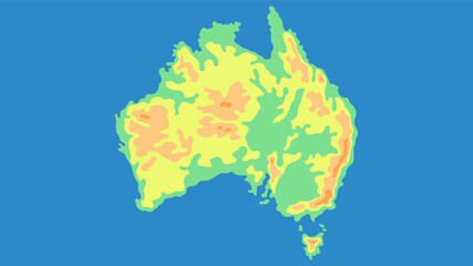 Map of Australia in yellow and green colors on a blue background.