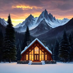 A cozy cabin in the woods surrounded by towering trees, with a crackling fire burning in the stone fireplace and snow-capped mountains visible in the distance