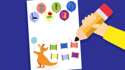 Kangaroo with a balloon and spools of thread on a sheet. Flat vector illustration design.