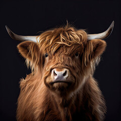 Highland Cattle Cow Portrait on Black Studio Background
