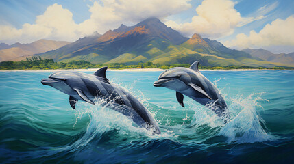 A painting of three dolphins swimming in the ocean.