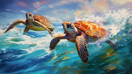 Gordijnen A painting of two sea turtles swimming in the ocean. © Natia