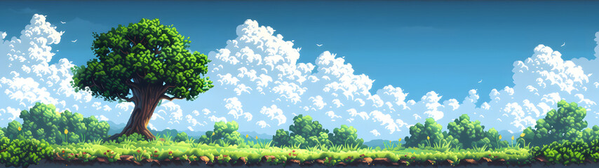 tree in meadow on blue sky in pixel art style, background with a ratio size of 32:9