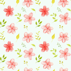 Watercolor seamless pattern with cute pink flowers and leaves. Asian sakura flowers. Hand-drawn bright spring print for the design and decoration of stationery, background, packaging.