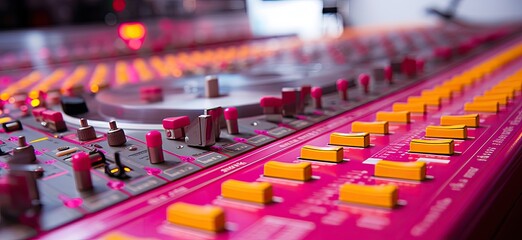 Take a beautiful close-up shot showcasing a sound mixing control panel utilized in the process of recording music and facilitating live telecasts.