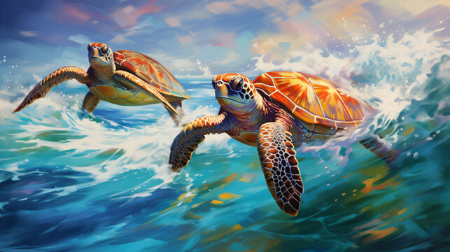A painting of two sea turtles swimming in the ocean.