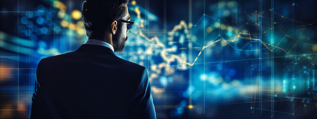 Visionary Businessman Navigates the Digital World, Blending Finance and Technology with a Global Perspective