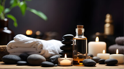 Soothing Spa Interior with towels, black pebbles, and massage oil