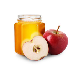 Honey in glass jar and apples isolated on white