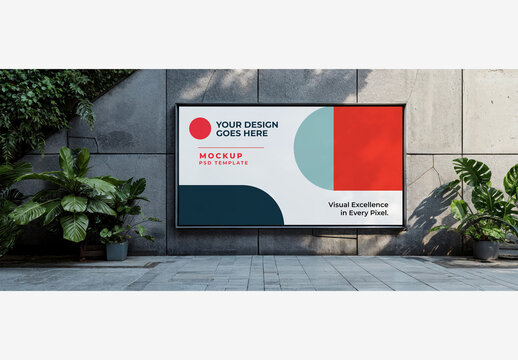 Outside Street Poster Mockup: White Screen on Brick Wall with Plants, Clock Building, and Sidewalk - Stock Photo