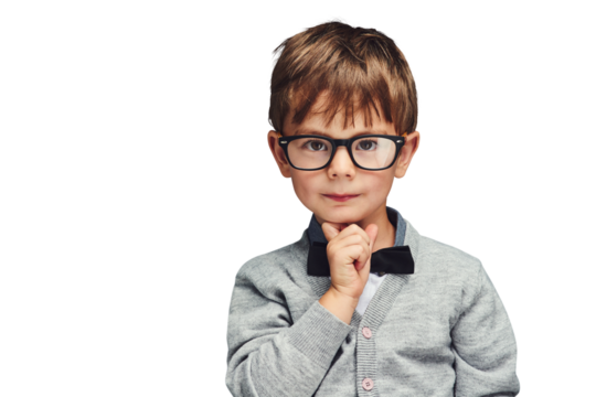 Portrait, children and geek boy in glasses isolated on transparent background for intelligence. Face, smart and eyewear with confident young kid nerd on PNG for school, education or development
