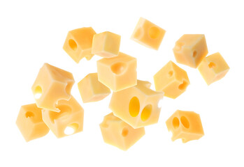 Pieces of cheese flying on white background