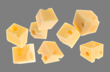 Pieces of cheese flying on grey background