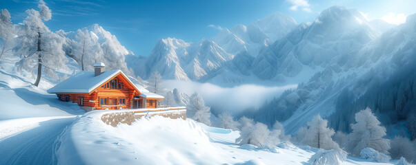 Luxury Wooden Mansion, Scenic Mountain Valley, Winter Resort. Connection to nature, mindfulness, blissful solitude. Sustainability, Wellness, Adventure. Dream Vacation, Eco Travel.  Alps at Daytime - obrazy, fototapety, plakaty