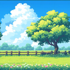 trees in blue sky tile pattern for parallax background in pixel art game style