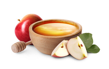 Honey in bowl and apples isolated on white