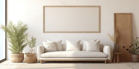 Fototapeta na wymiar Boho Blank frame mockup in living room