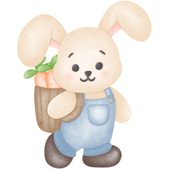 A rabbit carries a basket filled with carrots. Download high resolution JPEG and transparent PNG images.