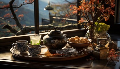 A traditional tea ceremony with delicate tea sets