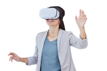Businesswoman, virtual reality and metaverse with goggles for innovation, internet or corporate. Female person, headset and isolated transparent png background with streaming, connect or futuristic