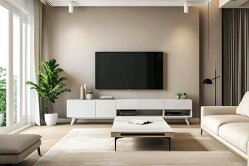 Fototapeta na wymiar modern living room with TV, living room with tv, Cabinet for TV on the cream color wall in living room,minimal design.