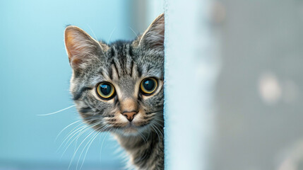 A funny cat peeks out from behind an old wall. Portrait of a wild cat. Homeless cats on the street