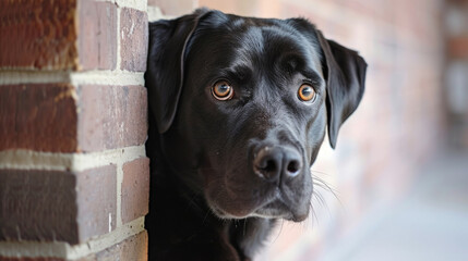 Portrait funny puppy dog peeking out from behind a wall